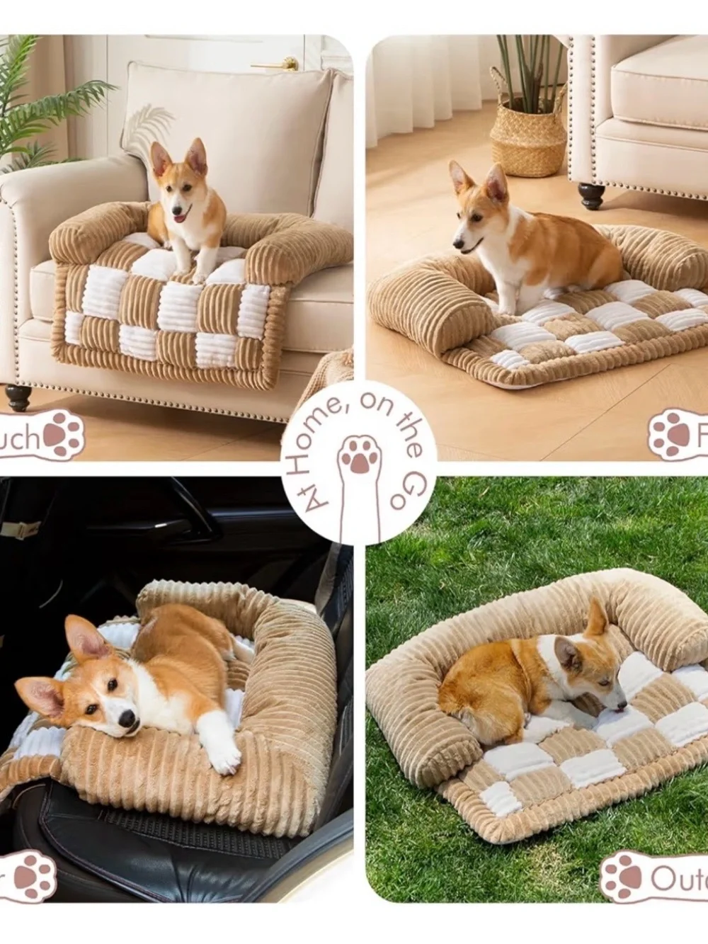 Plush Corduroy Check Pet Sofa Throw in Beige and White